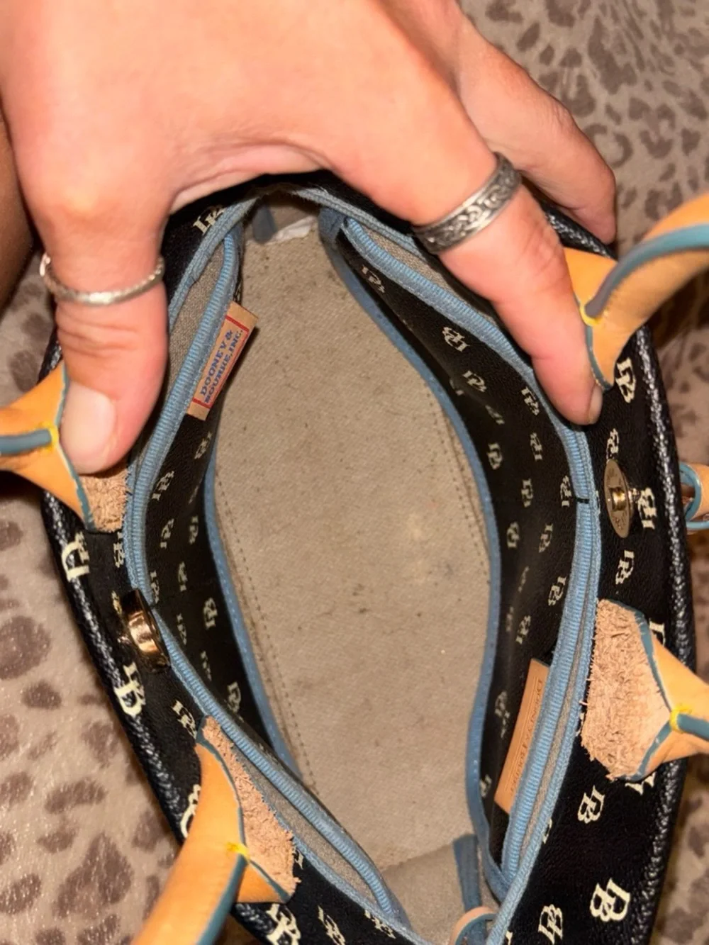 Dooney & Bourke Black Logo Tote with Tan Trim and Tassels